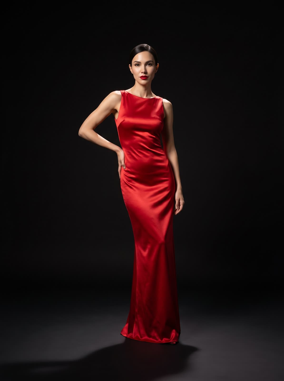 Mia in a red satin dress