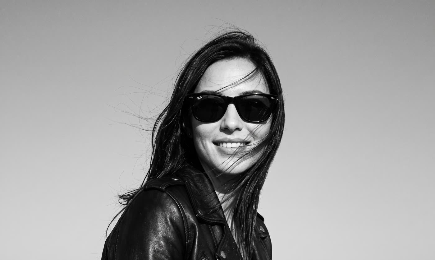 Mia in sunglasses, black and white